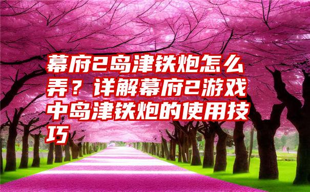 幕府2岛津铁炮怎么弄？详解幕府2游戏中岛津铁炮的使用技巧